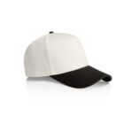 A white baseball cap with a black brim, shown against a plain white background, angled to display both the front and side.