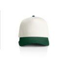 A cap with a white crown and a green visor is displayed against a plain white background.