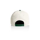 The image shows the back view of a white baseball cap with a green adjustable snapback strap. The cap is centered against a white background.