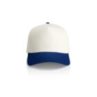 A white baseball cap with a dark blue brim, viewed from the front. The cap has a smooth texture and a small button on top.