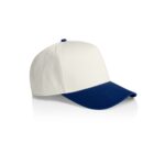 A baseball cap with a white top and a blue brim, displayed against a white background.