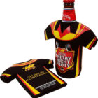 A beer bottle in a football jersey-shaped cooler with Carlton Draught Friday Night Footy text next to a matching cooler with the quote Its deja vu all over again. Both have a black, red, and yellow design with a horse logo.