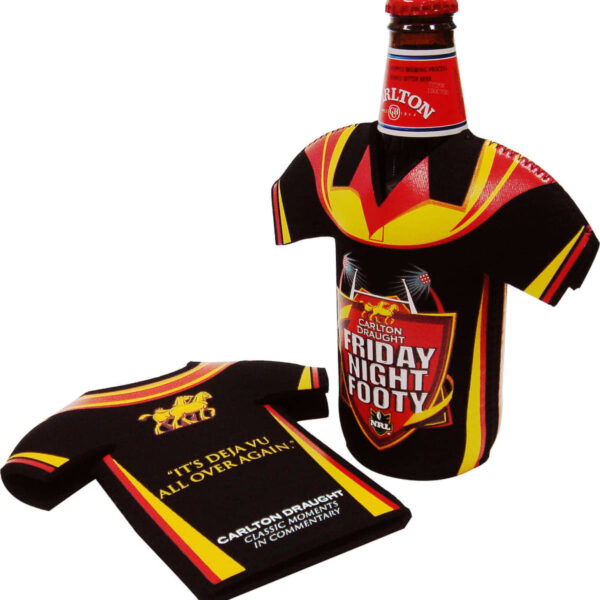 A beer bottle in a football jersey-shaped cooler with Carlton Draught Friday Night Footy text next to a matching cooler with the quote Its deja vu all over again. Both have a black, red, and yellow design with a horse logo.