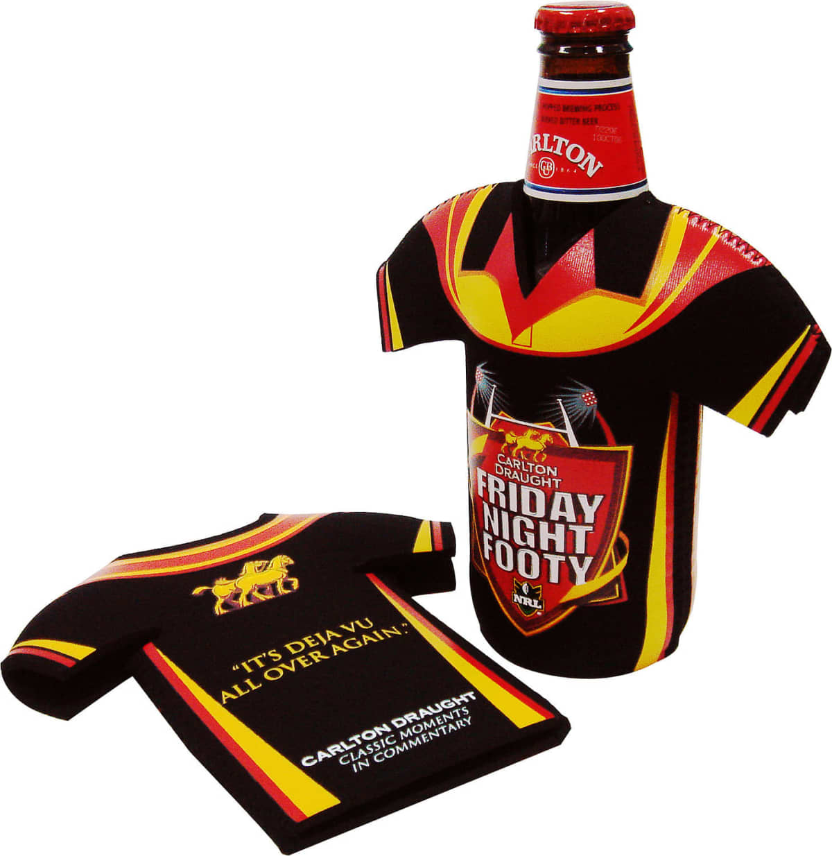 A beer bottle in a football jersey-shaped cooler with Carlton Draught Friday Night Footy text next to a matching cooler with the quote Its deja vu all over again. Both have a black, red, and yellow design with a horse logo.