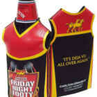 A beer bottle wearing a sleeveless red and black jacket with the text Carlton Draught Friday Night Footy on the front. The back reads Its Deja Vu All Over Again with a horse logo.