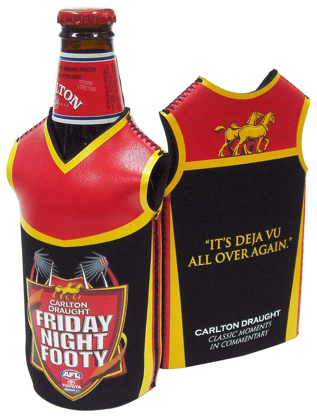 A beer bottle wearing a sleeveless red and black jacket with the text Carlton Draught Friday Night Footy on the front. The back reads Its Deja Vu All Over Again with a horse logo.