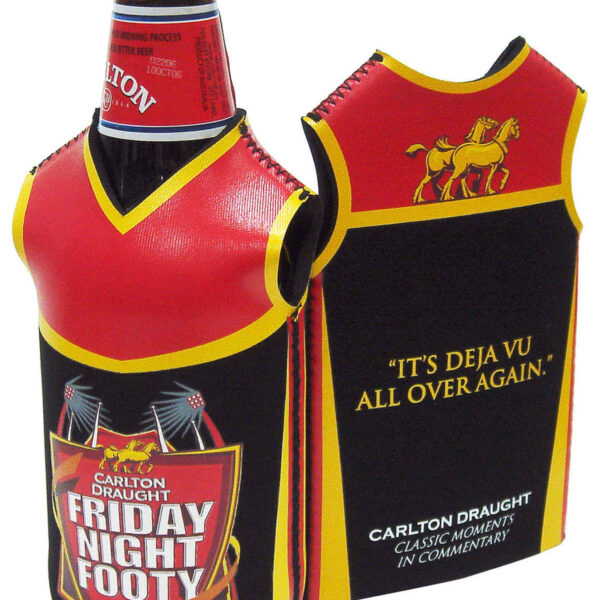 A bottle of Carlton Draught beer wearing a football jersey-style cooler. The cooler features the text Friday Night Footy and It’s Déjà Vu All Over Again with an illustration of a horse.