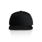 A black snapback cap with a flat brim and structured front panel, displayed against a white background.