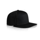 A black baseball cap with a flat brim is displayed against a white background. The cap has a classic design with six panels and ventilation holes on top.