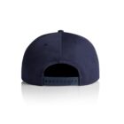 A navy blue baseball cap shown from the back, featuring an adjustable snapback closure. The cap is placed on a white reflective surface, highlighting its simple design and smooth texture.