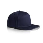 A navy blue flat-brim baseball cap with a structured crown, viewed from the side on a white background, showing its reflection beneath.