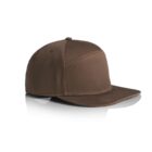 A brown baseball cap with a flat brim is shown against a white background. The cap is positioned to display its side and part of the front, highlighting its simple and solid design.