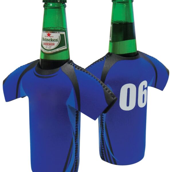 Two green glass bottles of Heineken beer are inside blue jersey-shaped bottle holders. The jerseys have a black and blue design on the front and the number 06 printed in white on the back.