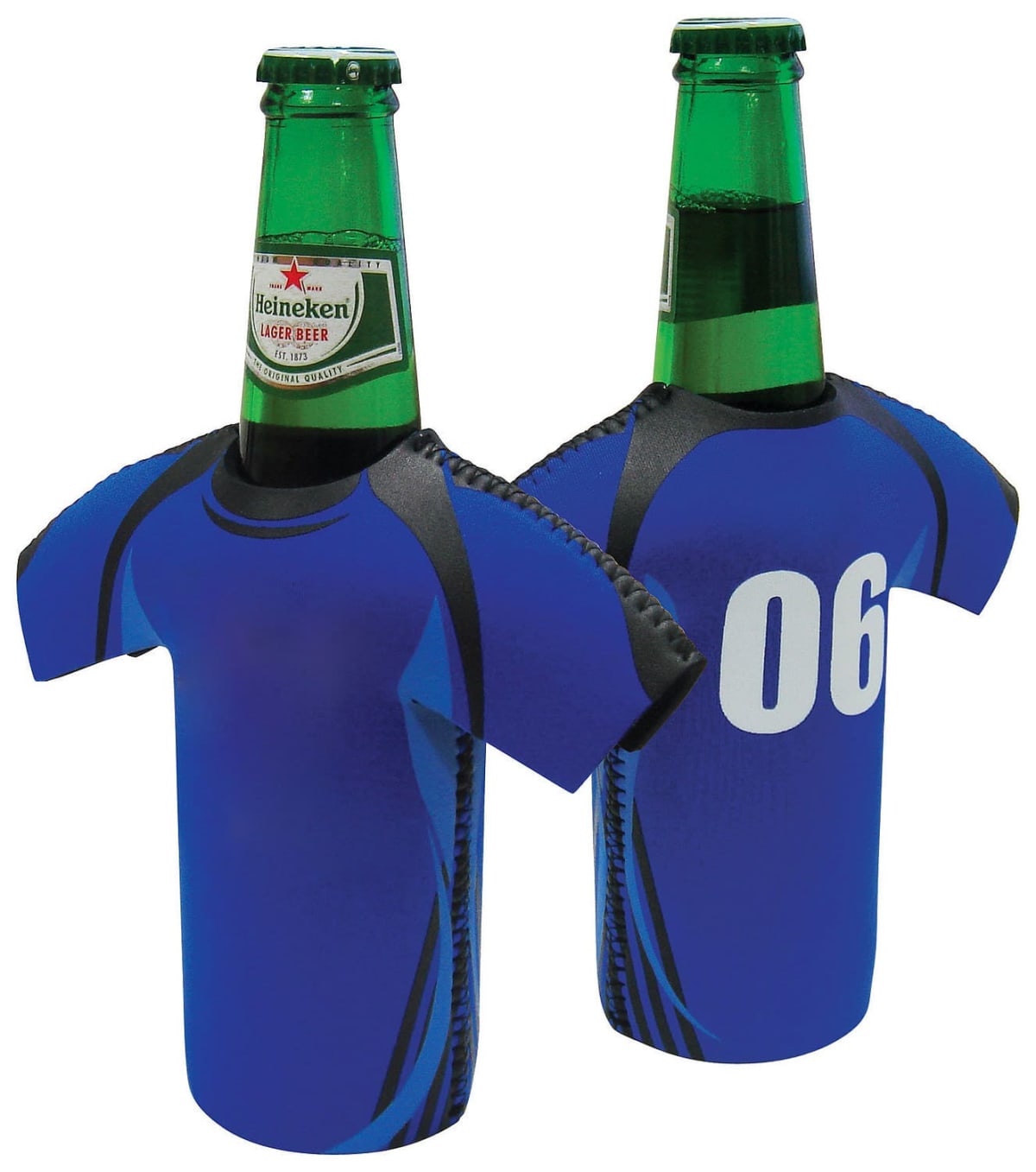 Two green glass bottles of Heineken beer are inside blue jersey-shaped bottle holders. The jerseys have a black and blue design on the front and the number 06 printed in white on the back.