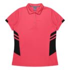A pink polo shirt with black accents on the sides and black stripes on the sleeves is shown on a white background. The shirt has a collar and three buttons.