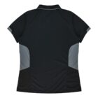A black polo shirt with a back view, featuring short sleeves and light gray panels on the sides and sleeve ends. The shirt has a collar with a light gray accent.