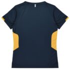 The image shows the back of a short-sleeved, dark blue sports jersey with yellow accents on the sides.