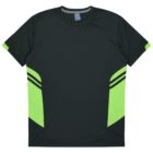 A black athletic t-shirt featuring lime green panels on the sides and lime green accents with black stripes on the sleeves. The shirt has a round neckline and a small tag at the collar.