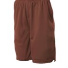 A pair of brown athletic shorts with an elastic waistband, side slits, and relaxed fit, displayed on a white background.