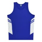 A blue athletic sleeveless shirt with white side panels and white stripe accents. The shirt is laid flat against a plain white background.