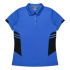 A blue polo shirt with black accents on the sides and short sleeves. There are two horizontal black stripes on each side of the waist. The shirt has a collar and three buttons down the front.