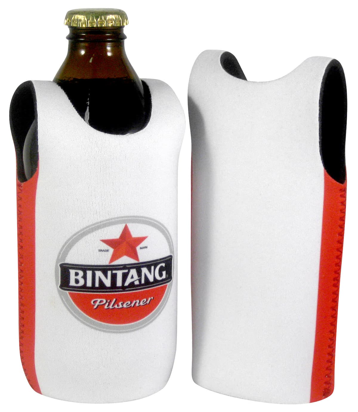 Bottle holders with Bintang Pilsener logo. Made of white material with red sides, they cover beer bottles, featuring a round logo with a red star and text. One holder shows the front design, while the other displays the back.