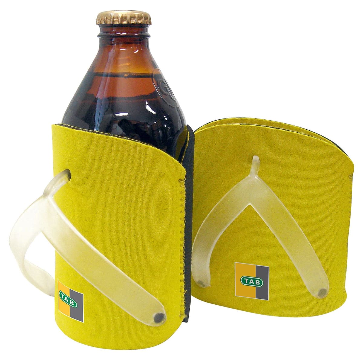 Two yellow bottle holders with sturdy handles, displaying a logo with TAB in green and black on one side, and holding a dark brown glass bottle.