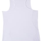 The Radiance Singlet is a white, sleeveless top with wide shoulder straps, displayed on a flat surface. The back view highlights its simple design and lightweight fabric that adds a touch of radiance.