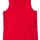 The Radiance Singlet is a vibrant red, sleeveless top featuring a round neckline and subtle mesh paneling on the sides for added texture. The brand label is visible inside the neckline.