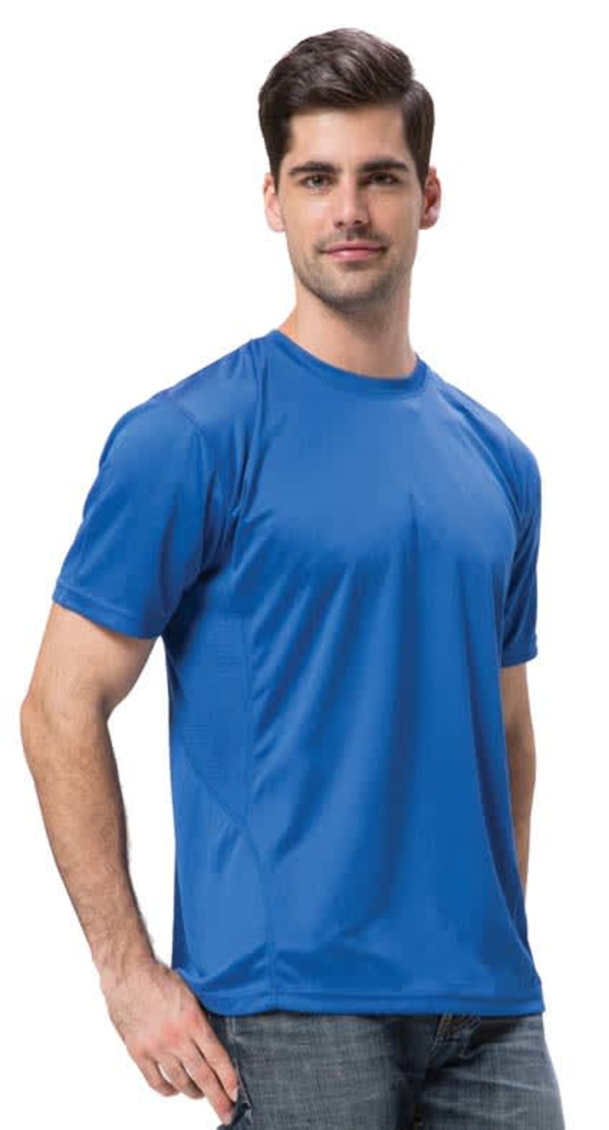A man wearing a Cool breathable tee in blue and jeans stands against a white background. He has short, dark hair with a light beard and is smiling subtly at the camera.