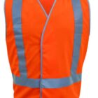 The VividReflect Vest features a vibrant orange color with vertical reflective silver stripes from shoulders and a horizontal stripe around the waist. Its sleeveless, V-neck design offers safety without compromising style.
.