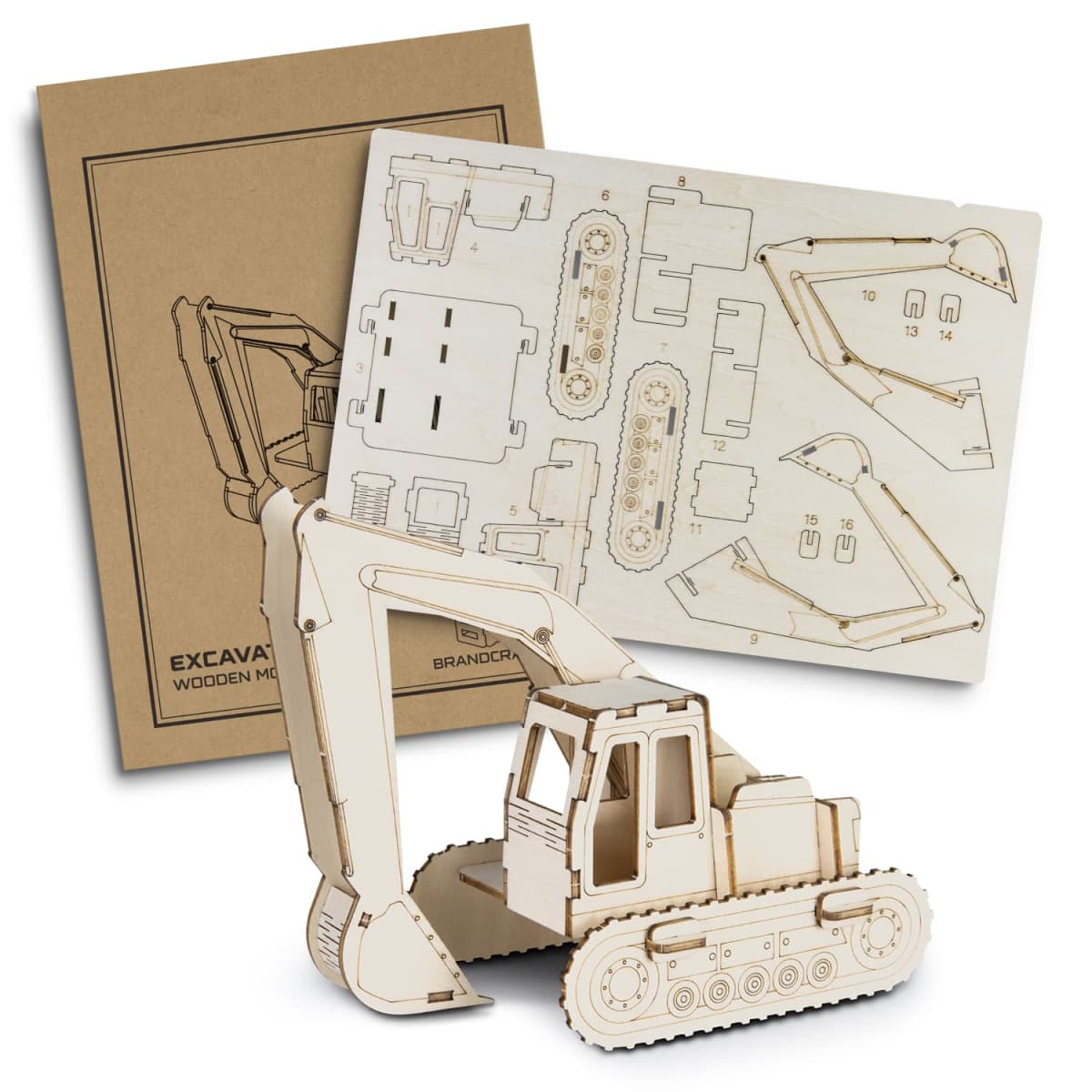 A DIY wooden excavator model kit is displayed. The finished model is assembled in the foreground, showcasing its movable parts and detailed design. Behind it lies an unassembled kit with precut wooden pieces and a brown instruction manual.