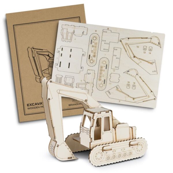 A wooden puzzle kit of an excavator is shown, with a model partially assembled. The kit includes a cardboard sheet with laser-cut pieces and a guiding illustration. The excavator model features detailed parts like treads, an arm, and a cabin.