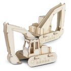 A laser-cut wooden model of a construction excavator. The model is detailed with movable parts, including the arm and tracks. It is displayed against a plain white background, highlighting the intricate design and craftsmanship.