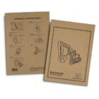Two brown cardboard sheets; the front displays a line drawing of an excavator and the text Excavator Wooden Model and BrandCraft. The back shows step-by-step assembly instructions with diagrams.