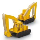 Two small cardboard model excavators are displayed. They are yellow with black tracks and feature articulated arms. The models are positioned at different angles on a reflective white surface.