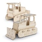 Two wooden model bulldozers with intricate cut-out details are shown. Both models feature tracks and a front blade, positioned at different angles to showcase their design.
