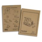 Two brown packaging boxes for a wooden bulldozer model kit. The front box has a line drawing of a bulldozer and the text Bulldozer Wooden Model. The back box displays assembly instructions with step-by-step diagrams.