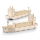 Wooden models of container ships with intricate laser-cut details, showcasing the deck and cargo areas. The models have a natural wood finish and feature stacked cargo containers.