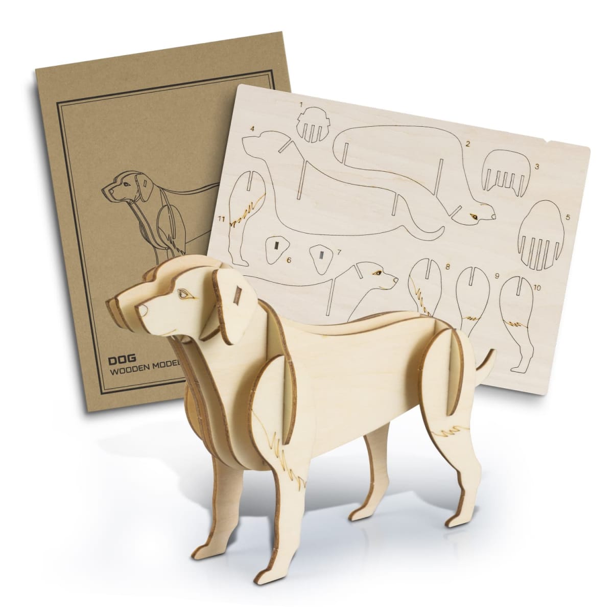 A 3D wooden puzzle of a dog is assembled in the foreground, with two sheets in the background: one showing the puzzle pieces with outlines and numbers, and the other with an illustration of a dog.