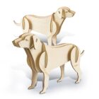 Two wooden dog models made from interlocking pieces, standing side by side. The design emphasizes a sleek, minimalist look with visible layered segments and curved tails.