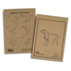 Two brown cardboard sheets shown, one with a simple outline of a dog figure labeled Dog Wooden Model and the other displaying detailed assembly instructions for building a wooden dog model, including step-by-step diagrams.