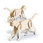 Two wooden cat puzzles. The cats have articulated bodies and are shown in a walking pose. The light wood material contrasts with the simple design, emphasizing the playful nature of the pieces.