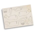 A wooden board with cut-out slots forming parts of a cats body. Pieces include heads, legs, and tails, each numbered for assembly. The design allows for creating three different cat figures.
