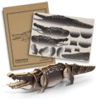 A cardboard box labeled Crocodile Wooden Model is next to wooden pieces and an instruction sheet. The completed model of a crocodile is assembled and displayed in front.