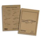 Two brown packages display the assembly instructions and schematic for a wooden crocodile model. The left package features a detailed step-by-step guide, while the right shows an illustration of the completed model.