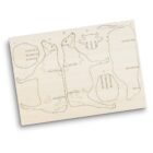 A wooden puzzle board with pieces outlined for assembly into a 3D cow model. The board features numbered parts, including legs, body, and head sections. The background is plain white.