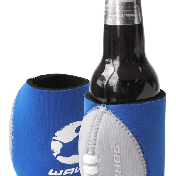 Two blue and gray foam can koozies designed like sports balls, one holding a bottle and featuring a logo with WAVEHOG text, the other empty and standing upright. Both have stitched details mimicking a football design.