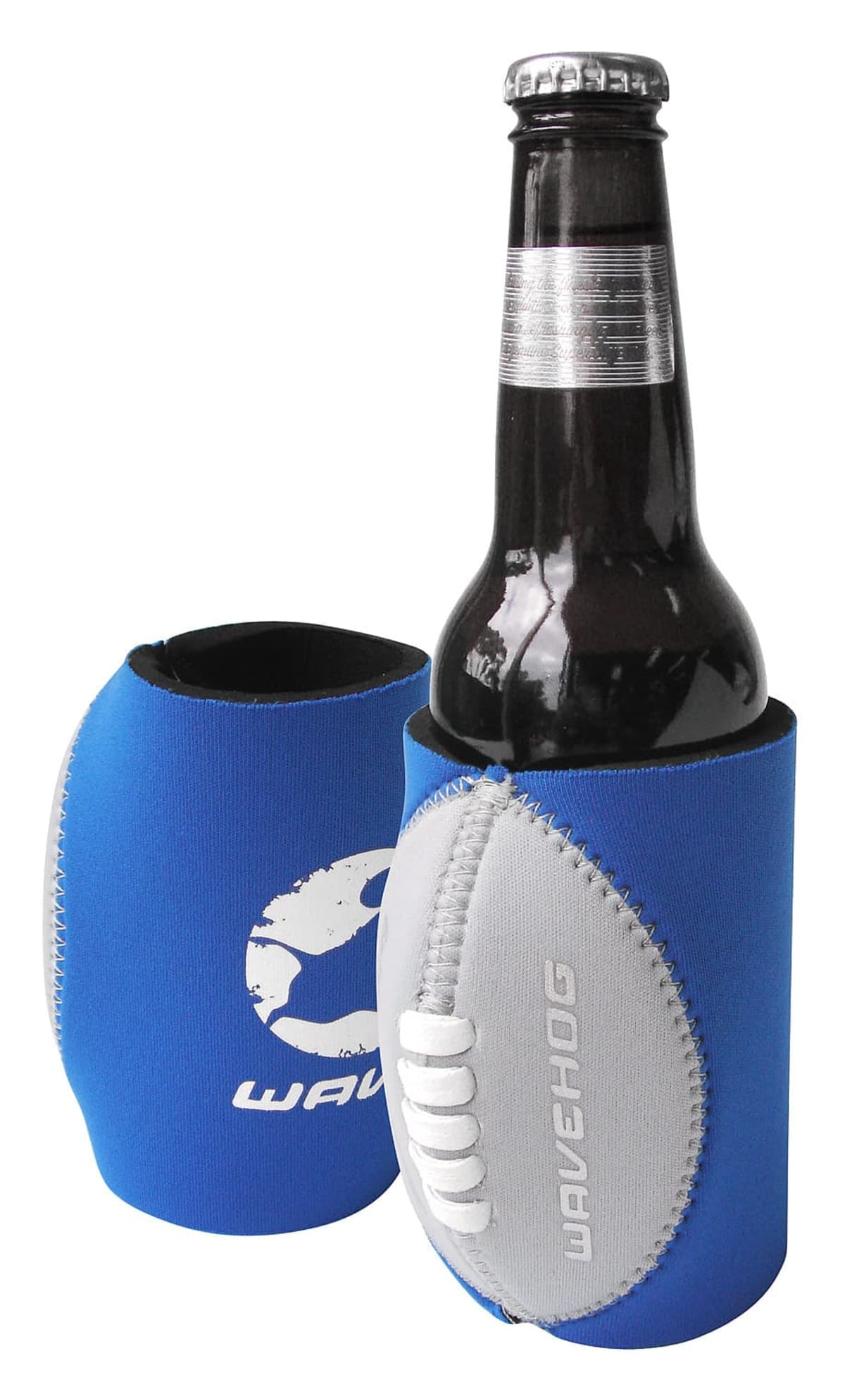 Two blue and gray foam can koozies designed like sports balls, one holding a bottle and featuring a logo with WAVEHOG text, the other empty and standing upright. Both have stitched details mimicking a football design.