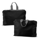 Two black fabric bags with gray handles and zippers are displayed. One bag is upright, while the other is lying flat, showing different angles. Both have a simple, minimalist design suitable for casual use.